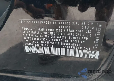 2014 Volkswagen Jetta 1.8T Se z USA, uszkodzony, nr VIN 3VWD17AJ8EM304418